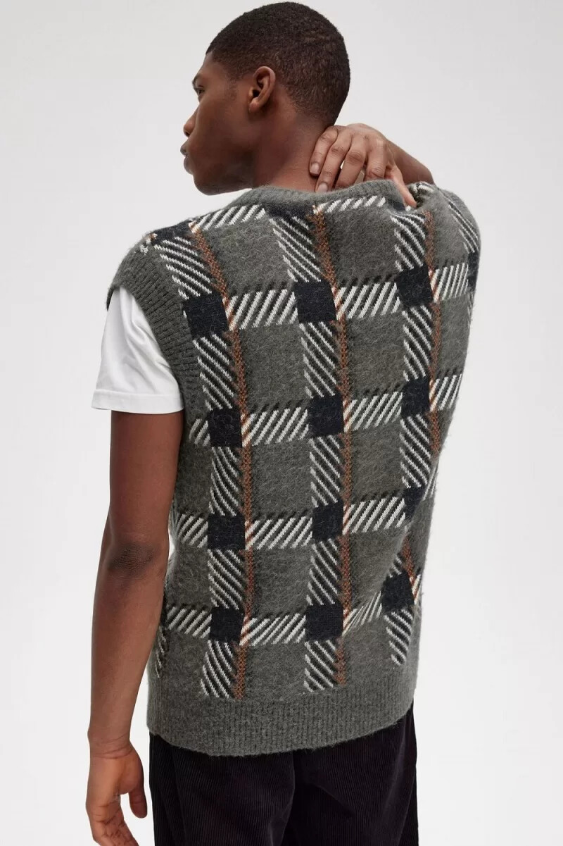 fred perry glitch tartan knitted mens tanks field green