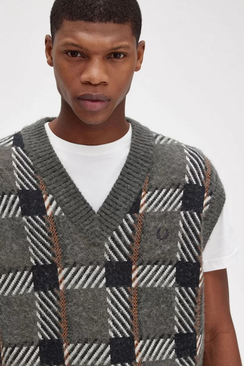 fred perry glitch tartan knitted mens tanks field green