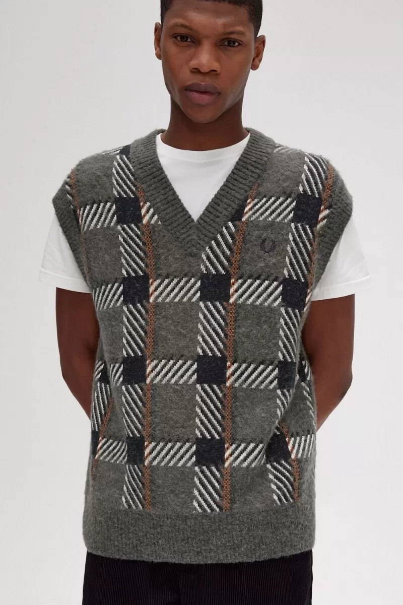 fred perry glitch tartan knitted mens tanks field green