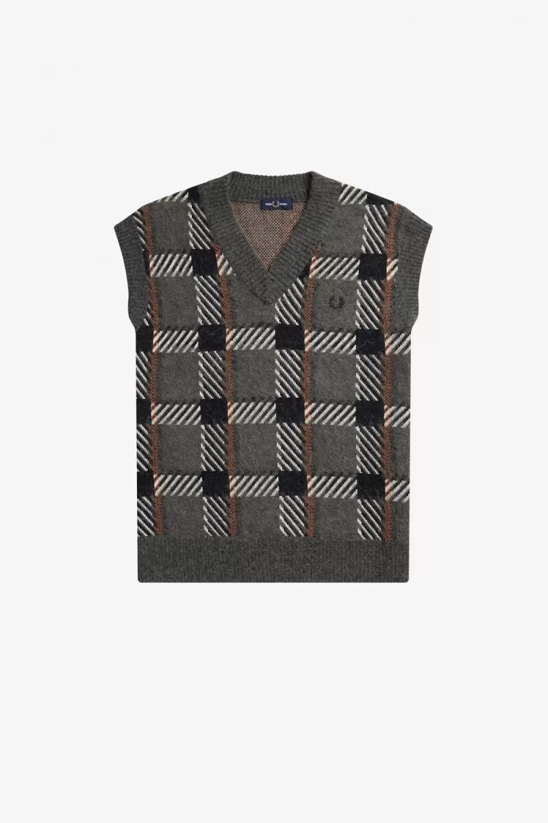 fred perry glitch tartan knitted mens tanks field green