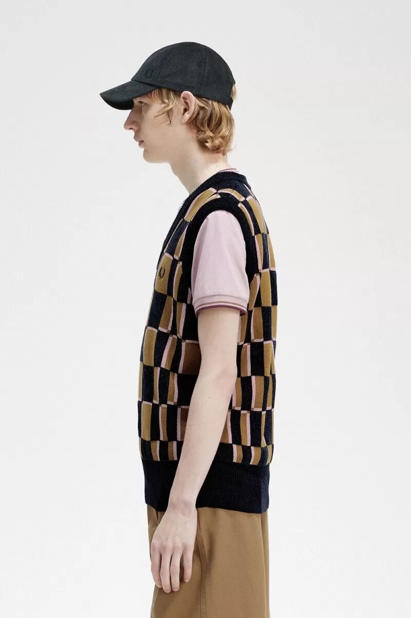 fred perry glitch chequerboard mens tanks brown navy