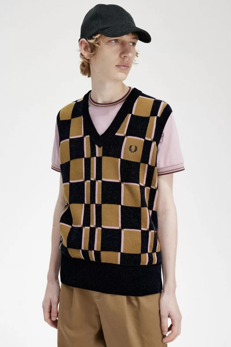 fred perry glitch chequerboard mens tanks brown navy