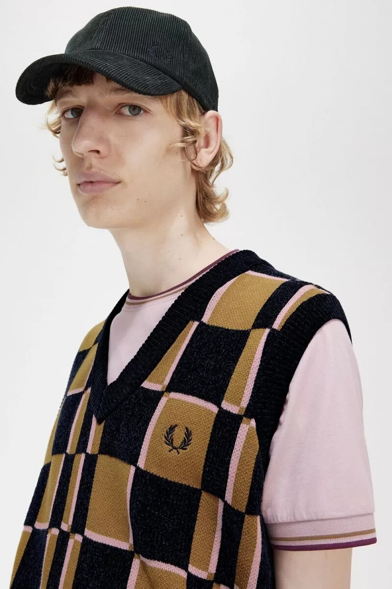 fred perry glitch chequerboard mens tanks brown navy