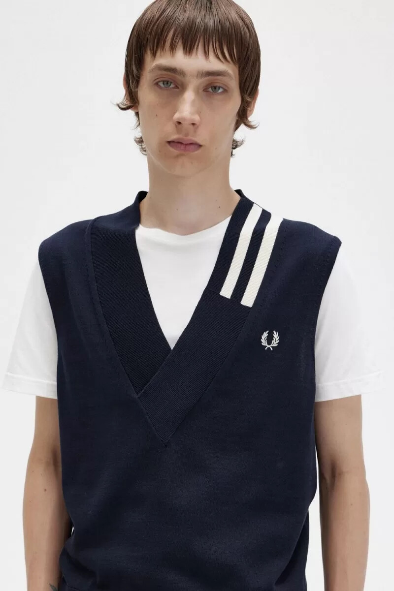 fred perry tipped v-neck knitted mens tanks navy