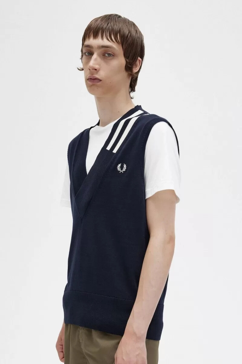 fred perry tipped v-neck knitted mens tanks navy