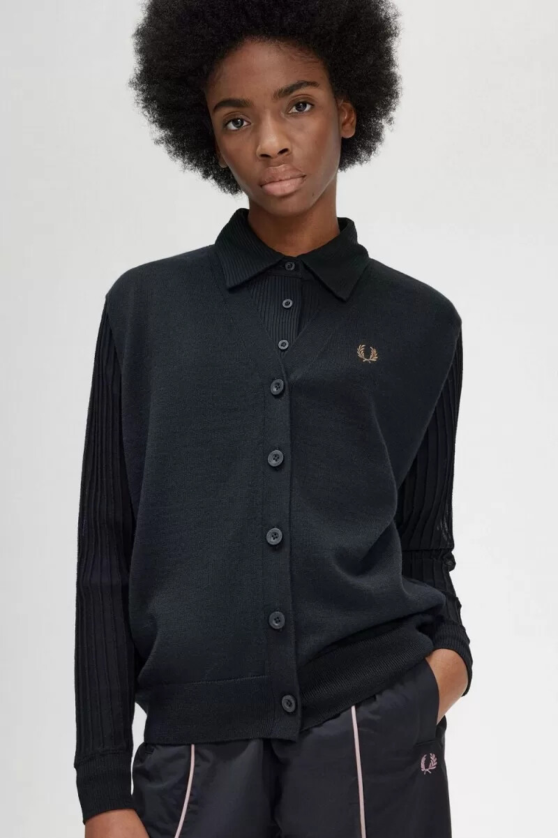 fred perry sheer sleeve womens cardigan black