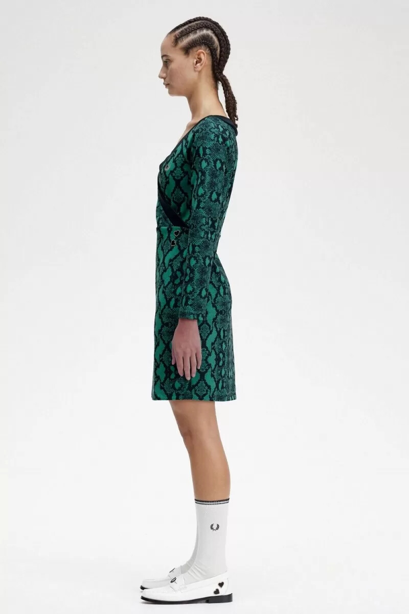 fred perry off-the-shoulder snakeprint womens dress deep mint