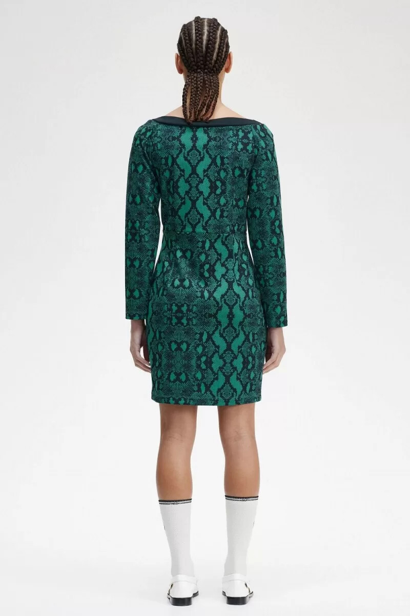 fred perry off-the-shoulder snakeprint womens dress deep mint