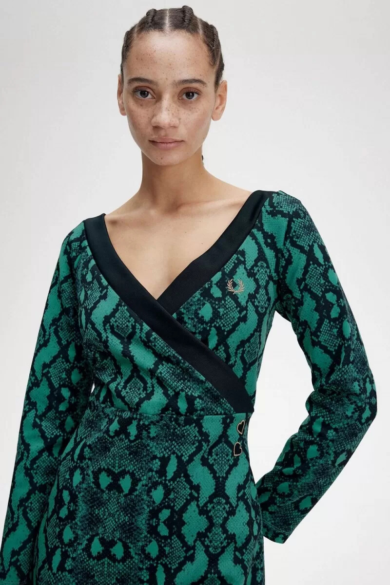 fred perry off-the-shoulder snakeprint womens dress deep mint