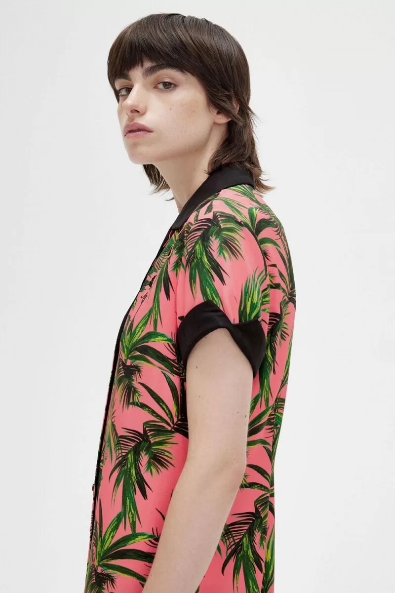 fred perry palm print shirt womens dress coral heat