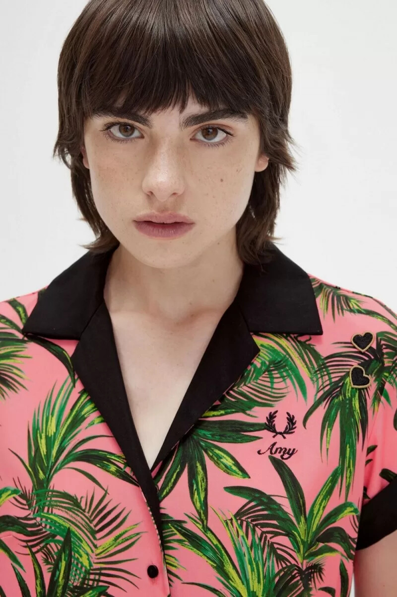 fred perry palm print shirt womens dress coral heat