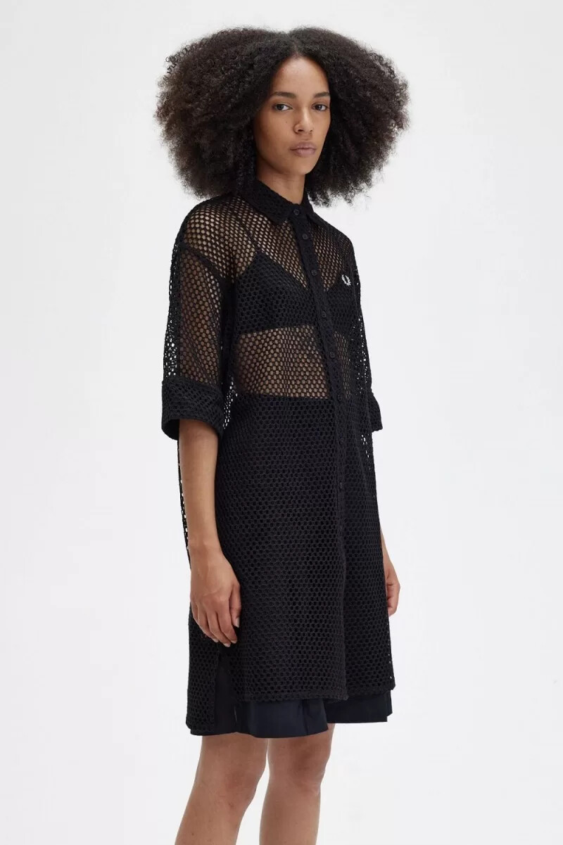 fred perry open-knit shirt womens dress black