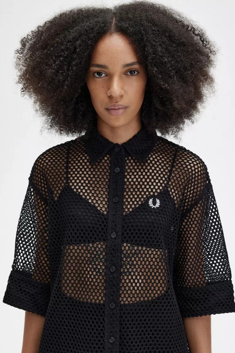 fred perry open-knit shirt womens dress black