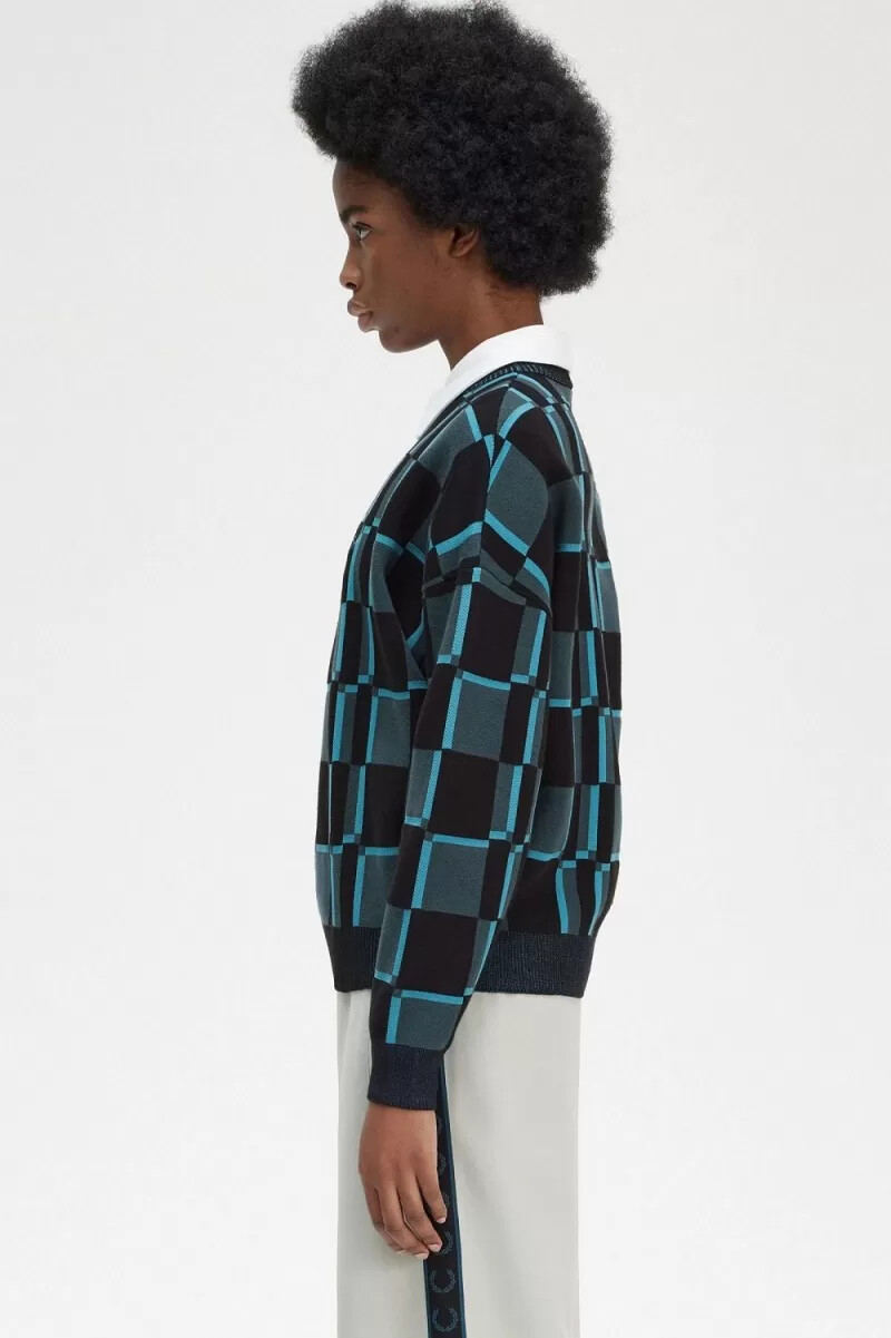fred perry chequerboard womens jumper cyber blue
