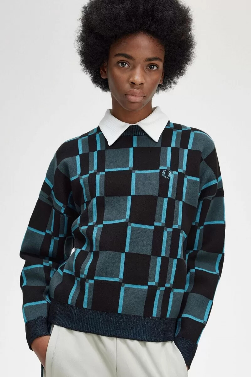 fred perry chequerboard womens jumper cyber blue