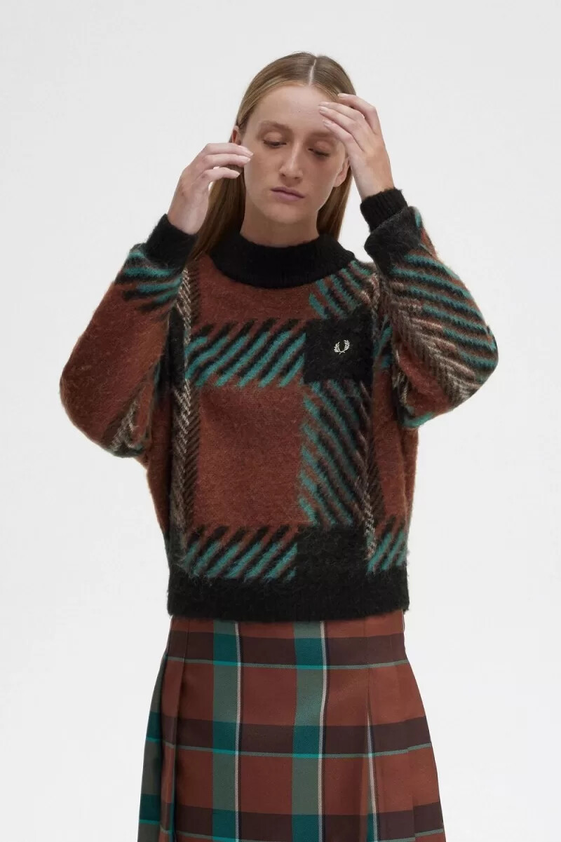 fred perry glitch tartan womens jumper whisky brown
