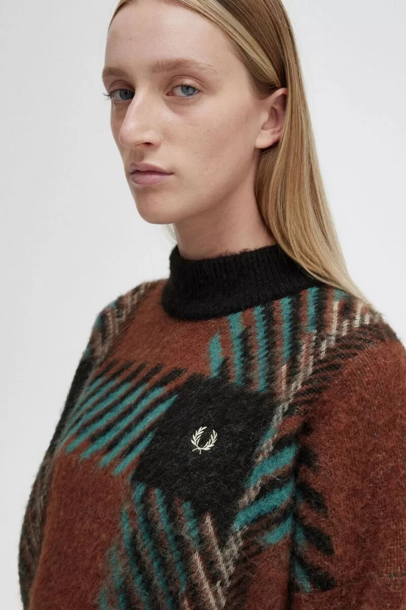 fred perry glitch tartan womens jumper whisky brown
