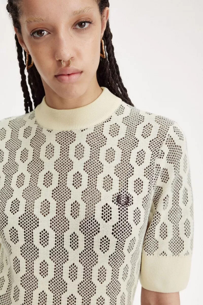 fred perry open-knit short sleeve womens jumper oatmeal