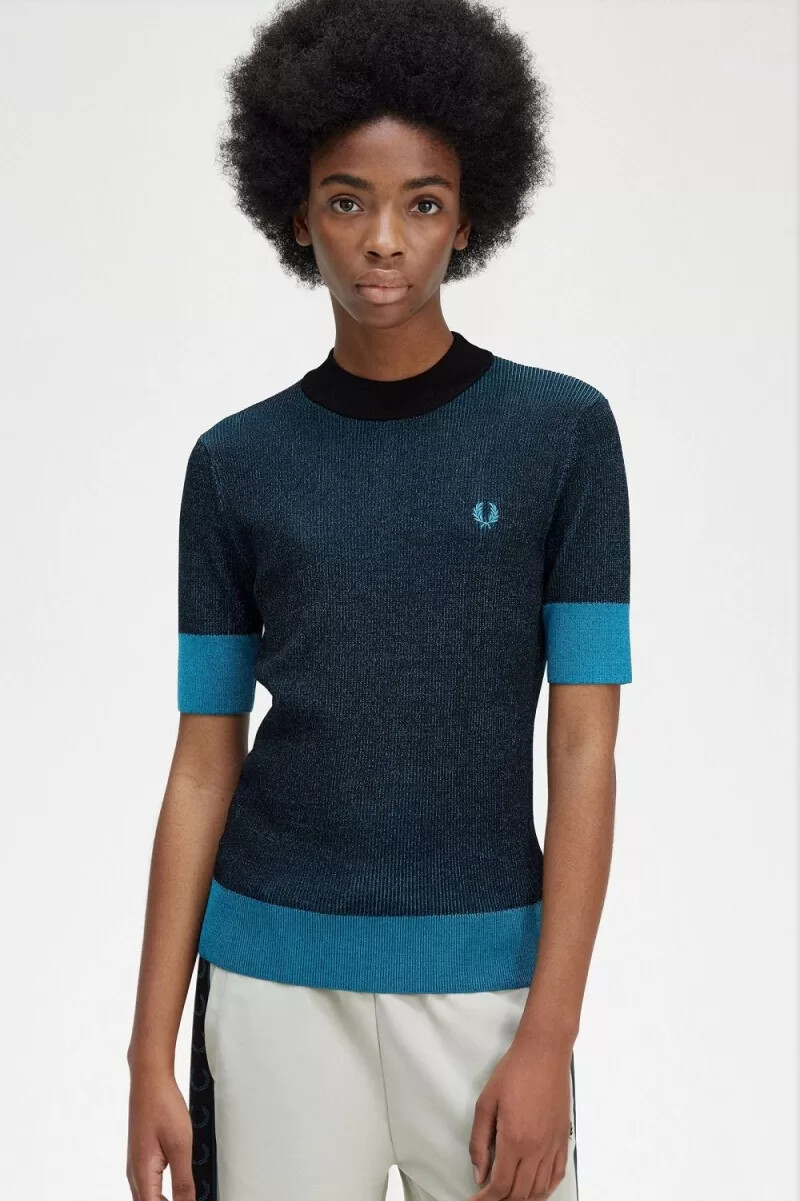 fred perry contrast rib short sleeve womens jumper black