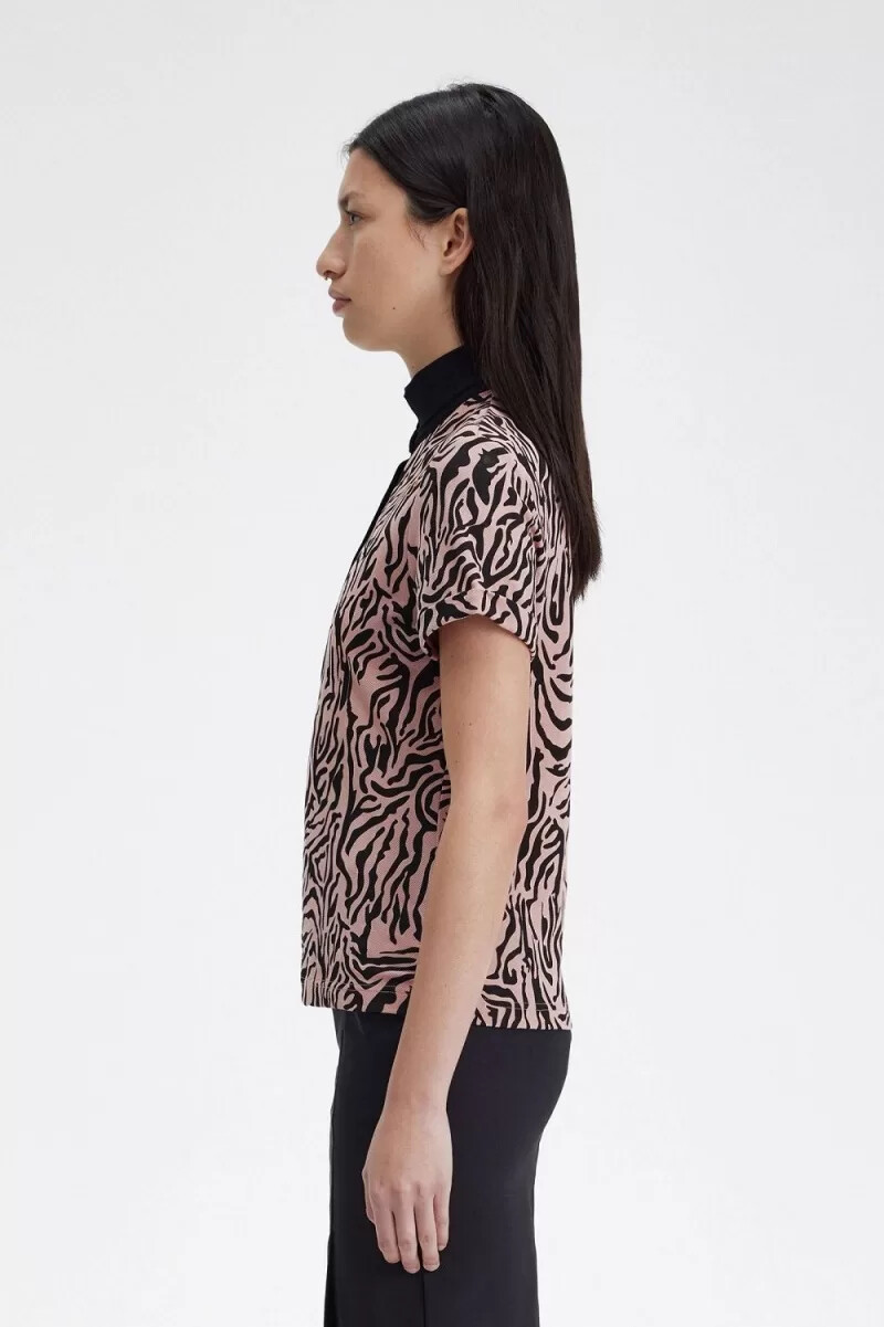 fred perry zebra print womens polo shirt dusty rose pink