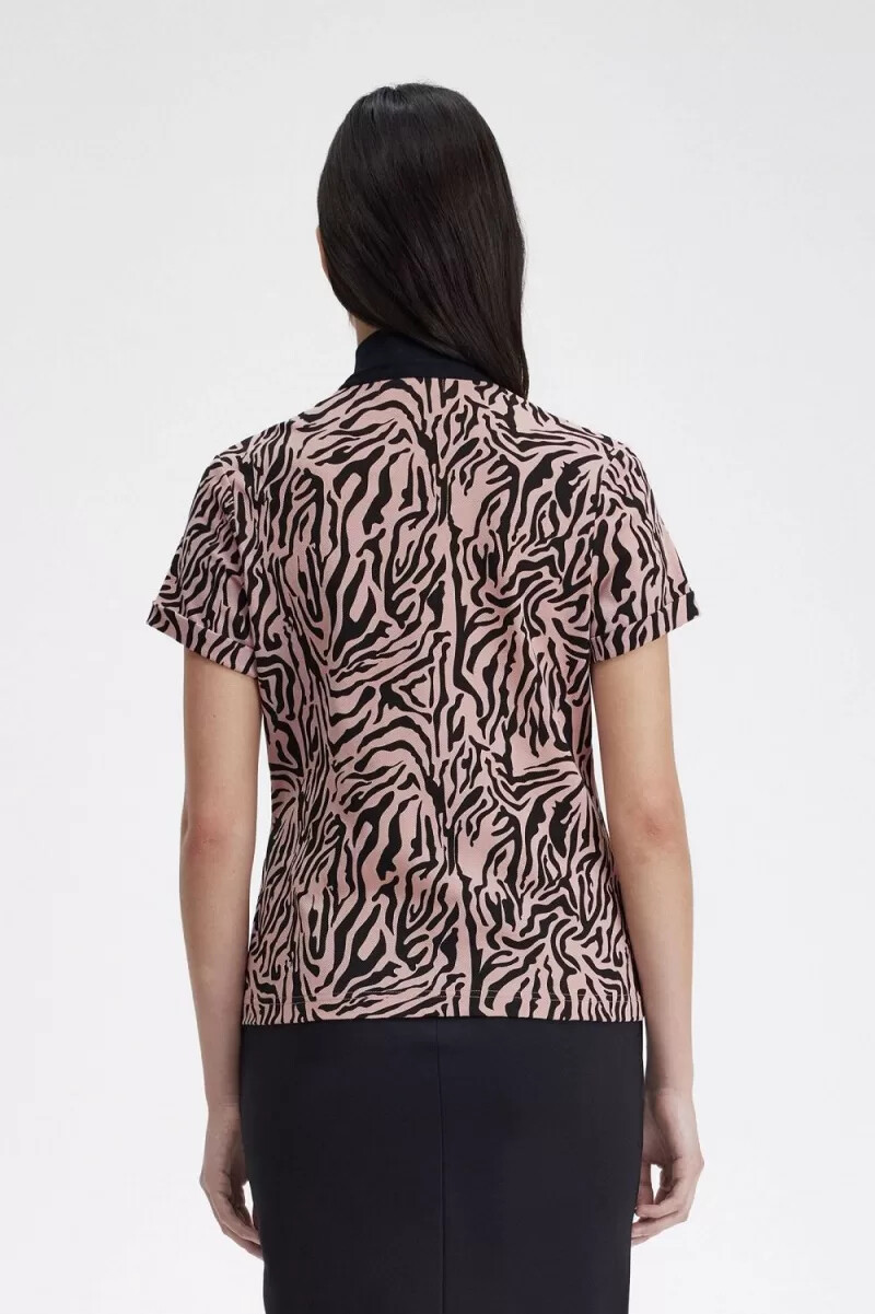 fred perry zebra print womens polo shirt dusty rose pink