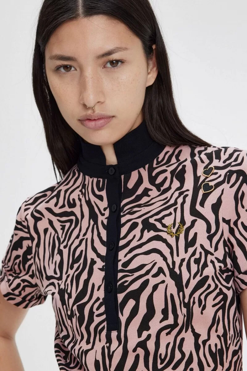 fred perry zebra print womens polo shirt dusty rose pink