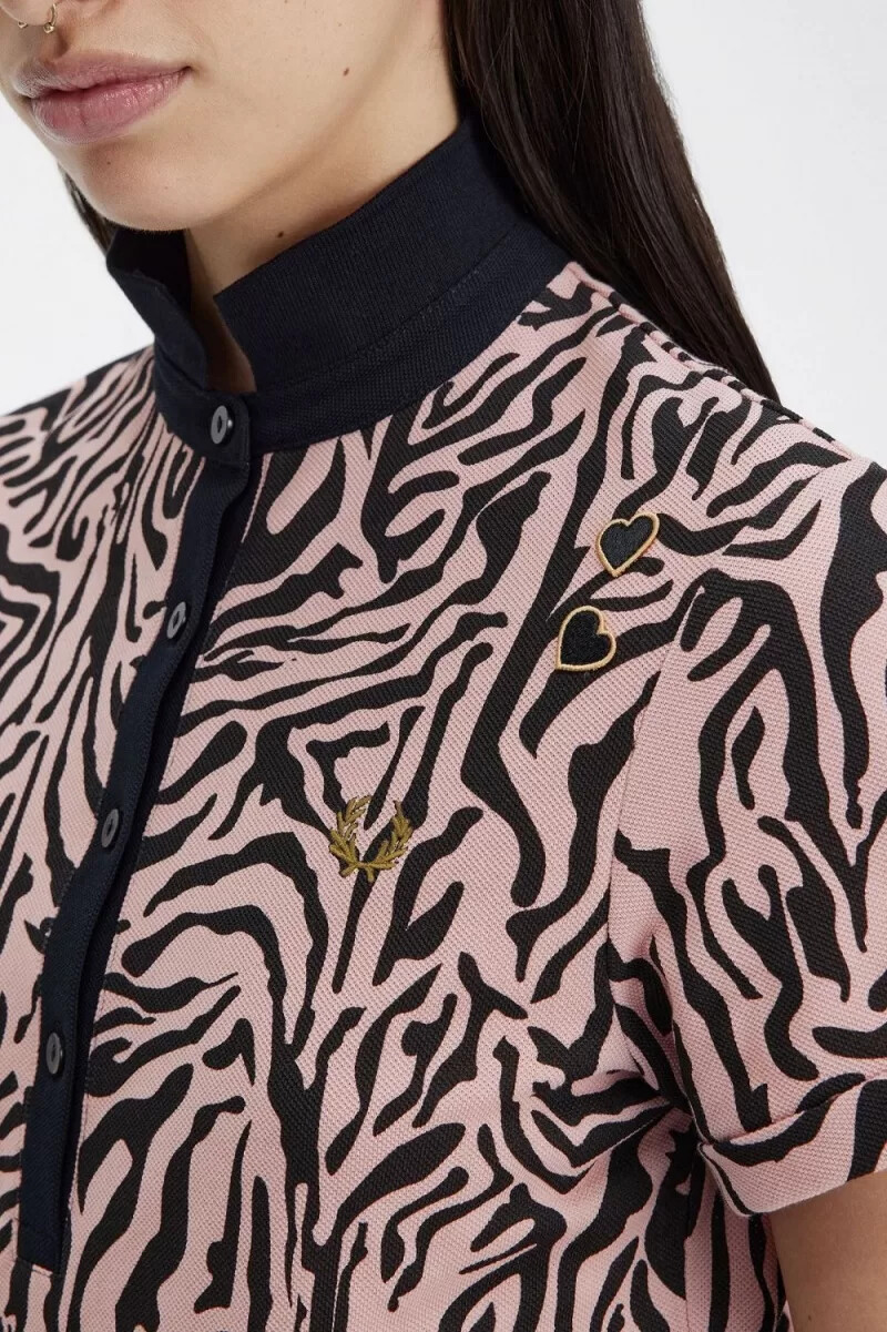 fred perry zebra print womens polo shirt dusty rose pink