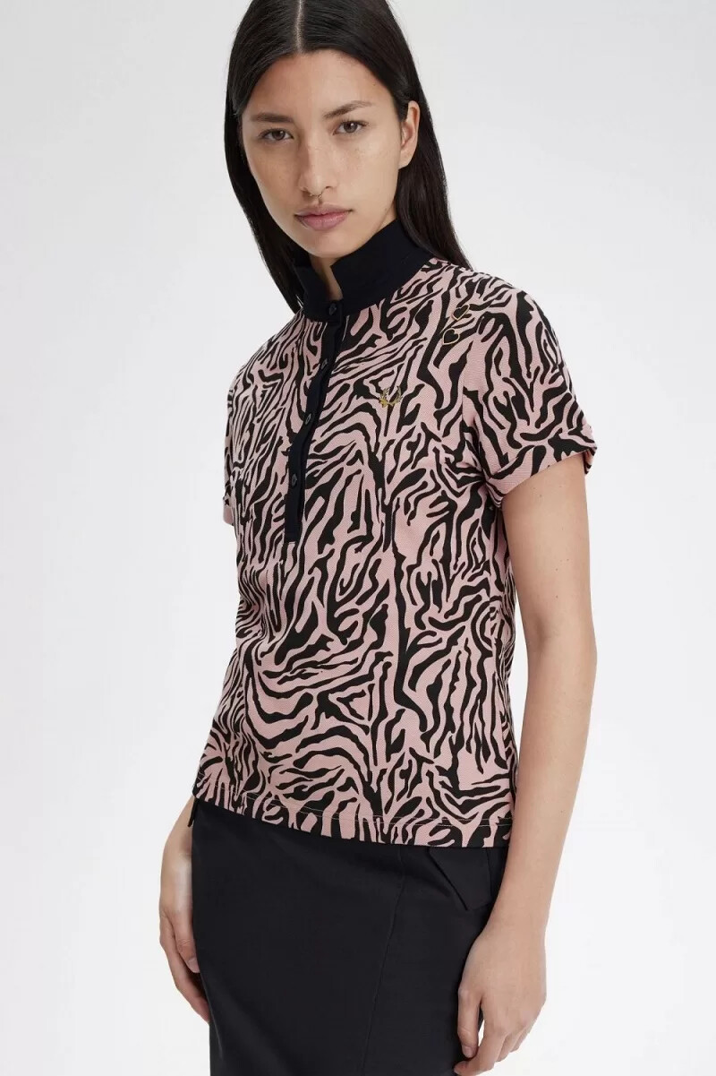 fred perry zebra print womens polo shirt dusty rose pink