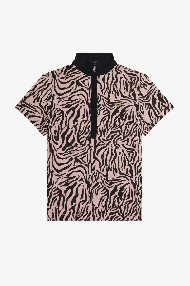 fred perry zebra print womens polo shirt dusty rose pink