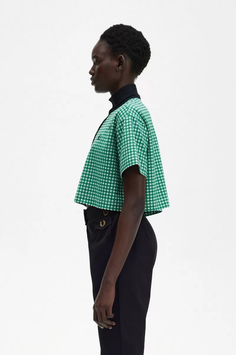 fred perry cropped gingham piqué womens polo shirt green