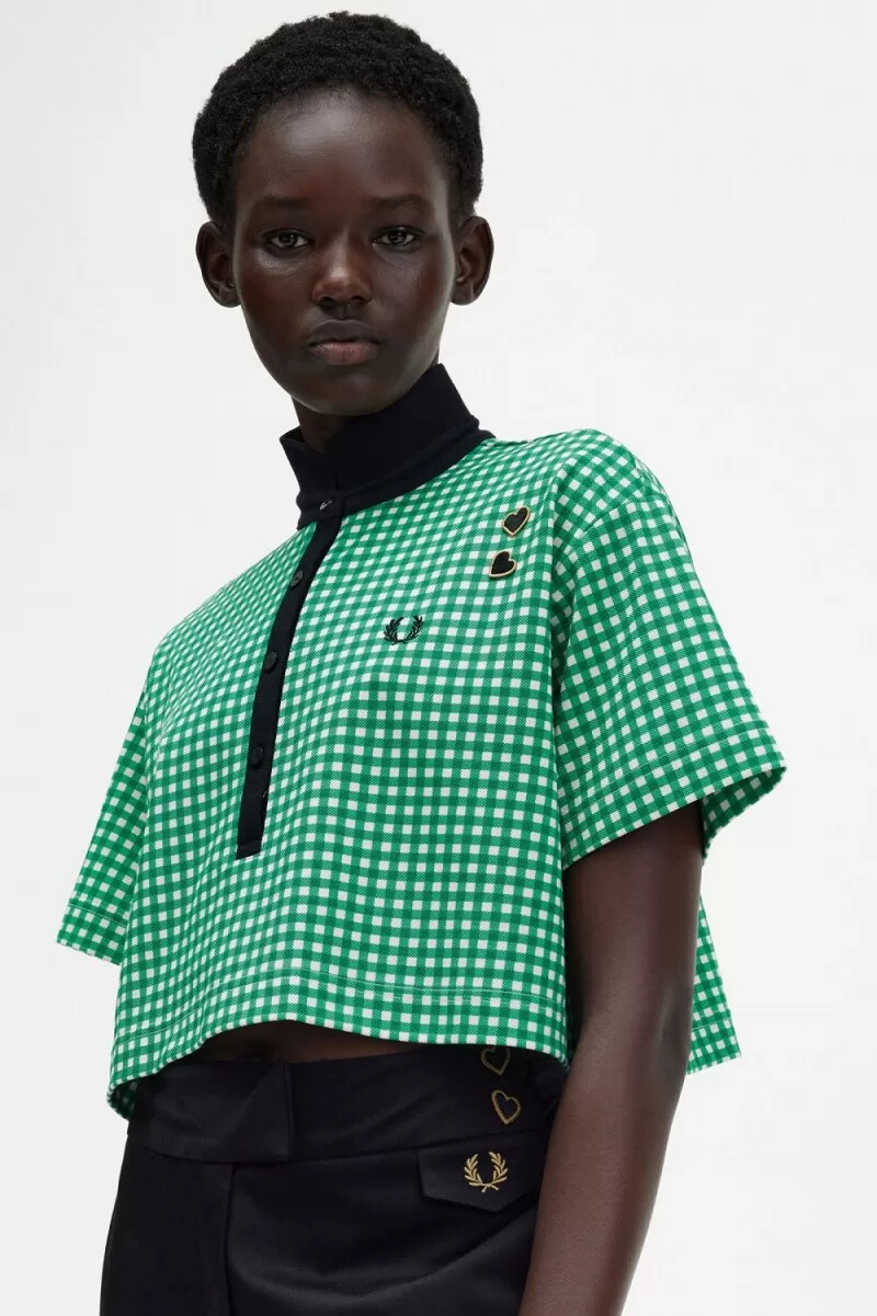 fred perry cropped gingham piqué womens polo shirt green