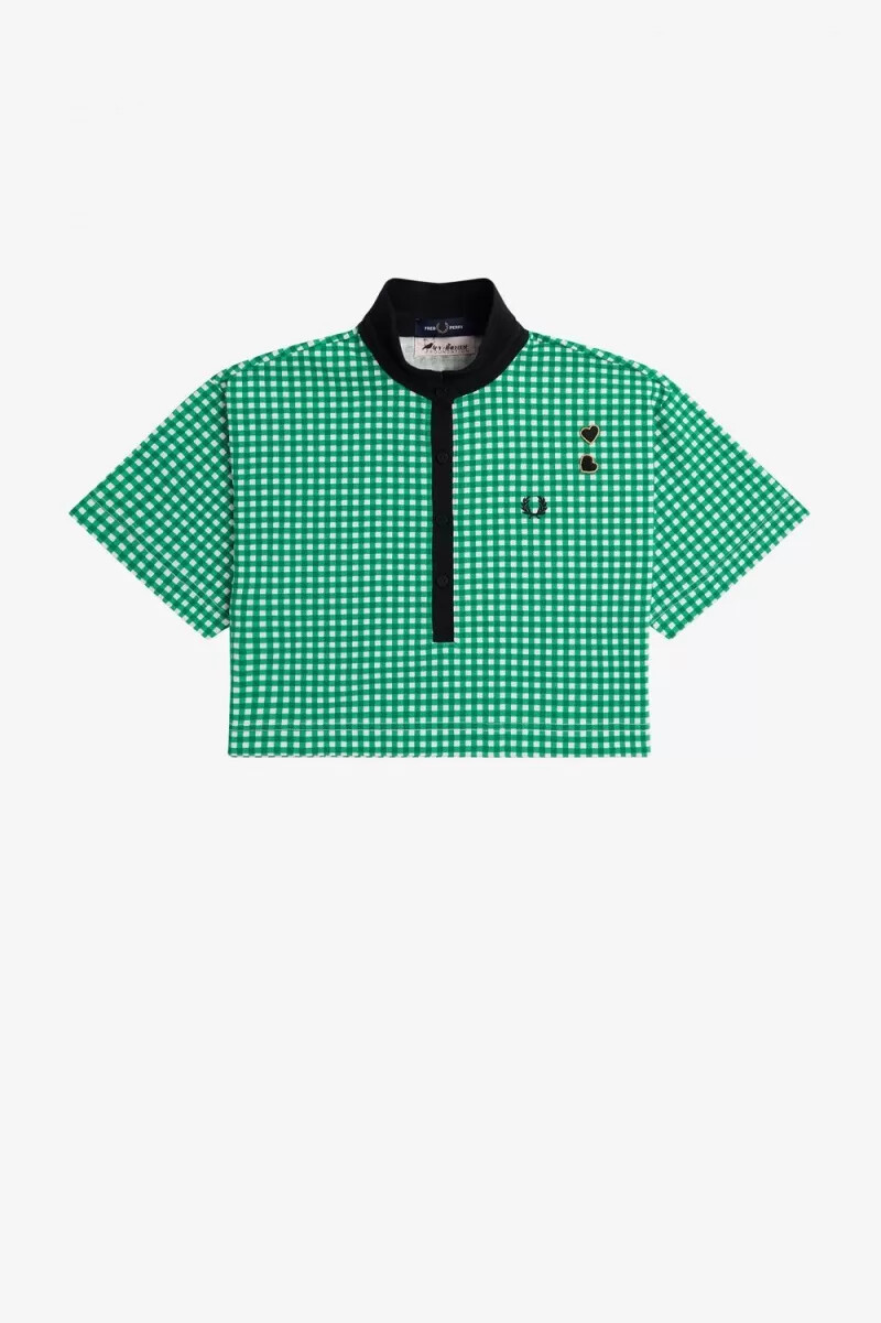 fred perry cropped gingham piqué womens polo shirt green