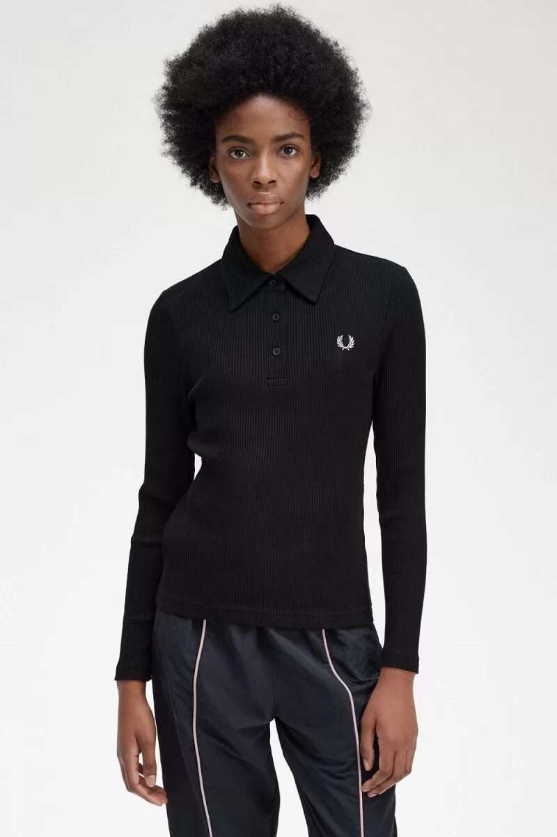 fred perry long sleeve ribbed womens polo shirt black