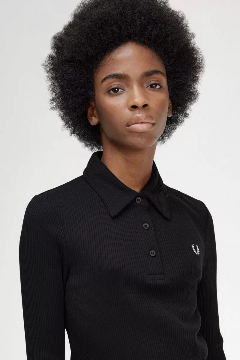 fred perry long sleeve ribbed womens polo shirt black