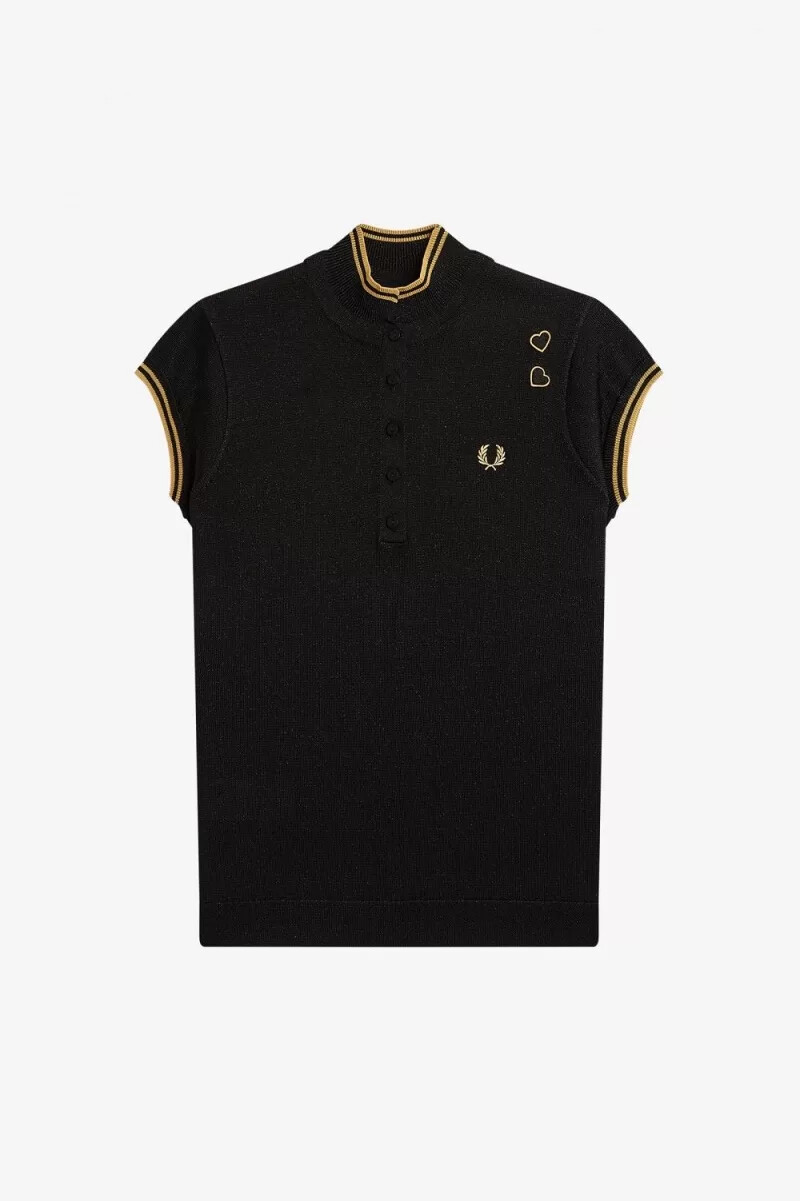 fred perry metallic knitted womens polo shirt black
