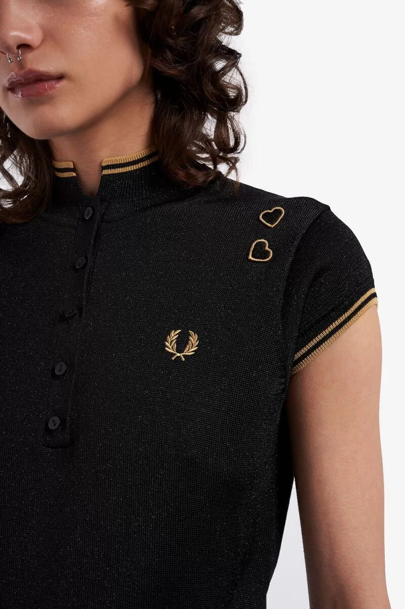 fred perry metallic knitted womens polo shirt black