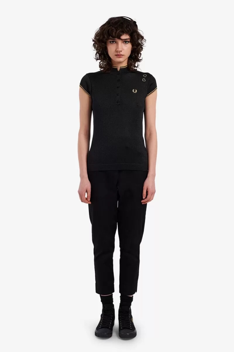 fred perry metallic knitted womens polo shirt black