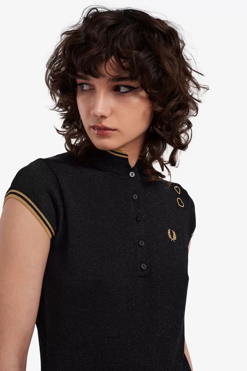 fred perry metallic knitted womens polo shirt black