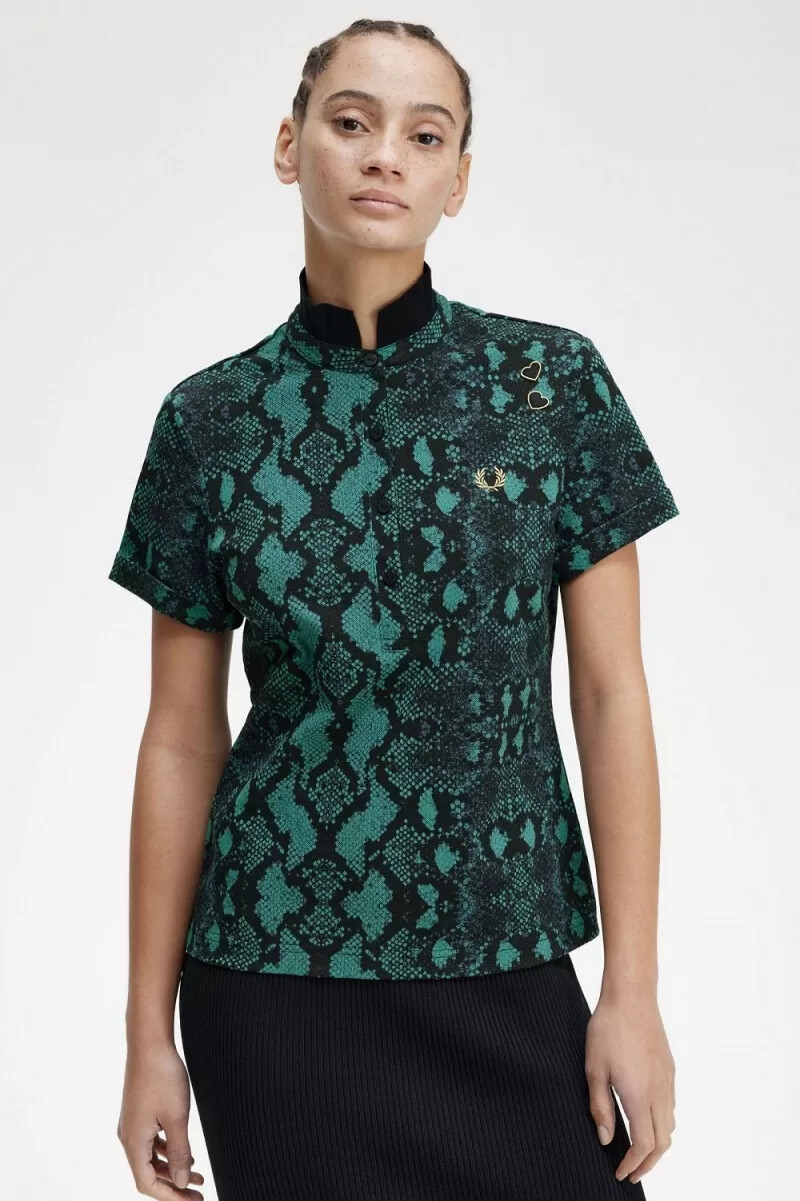 fred perry snake print womens polo shirt deep mint