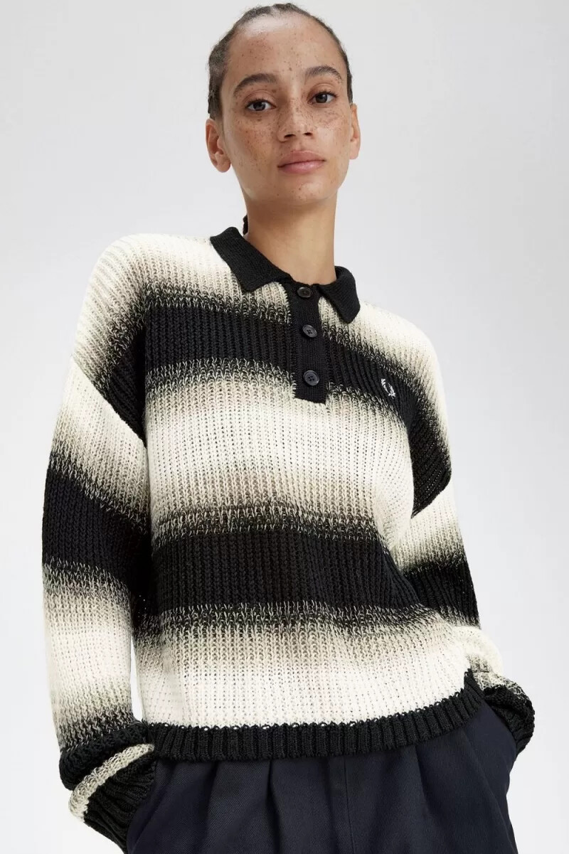 fred perry striped open-knit womens shirt black