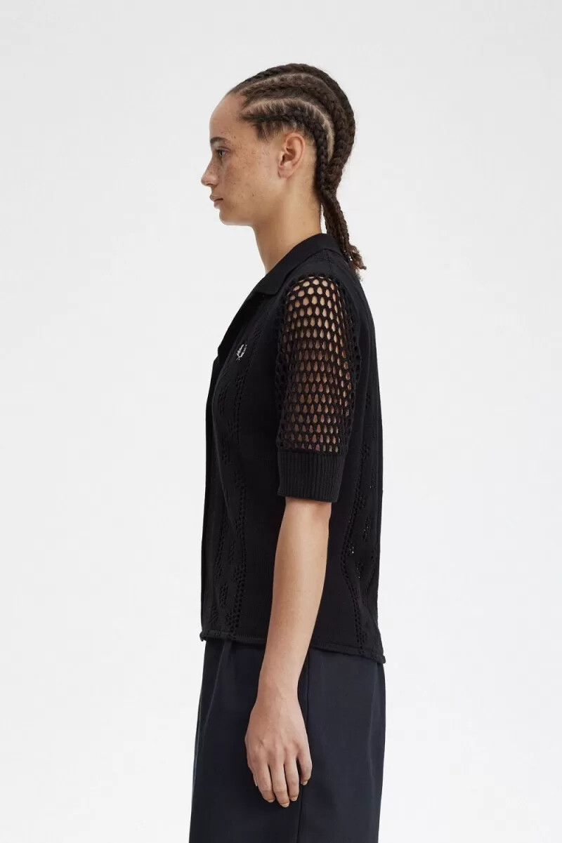 fred perry open-knit button-through womens shirt black