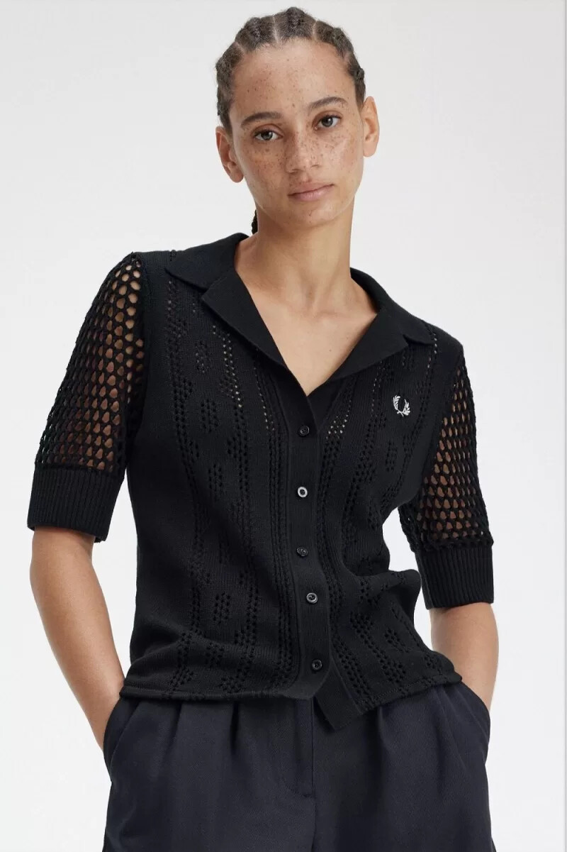 fred perry open-knit button-through womens shirt black