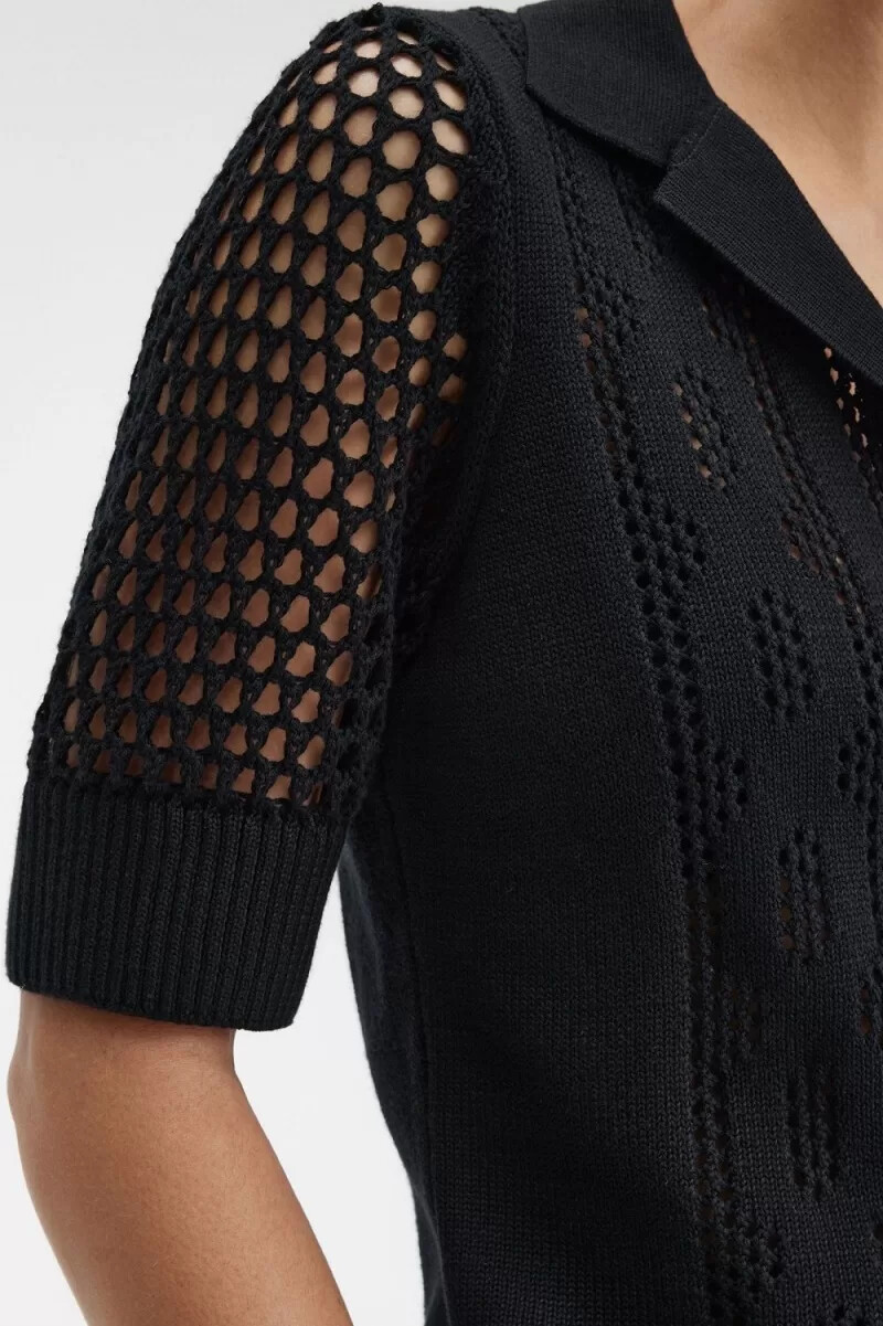 fred perry open-knit button-through womens shirt black