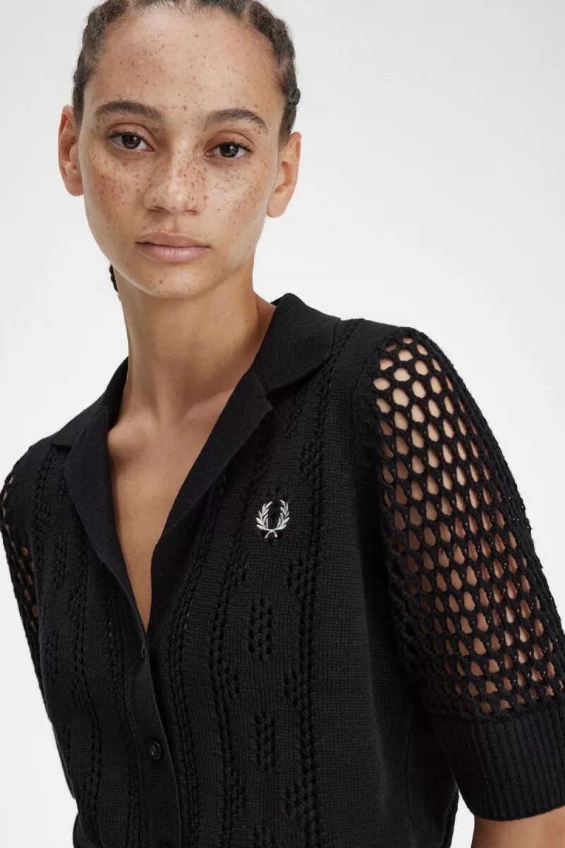 fred perry open-knit button-through womens shirt black