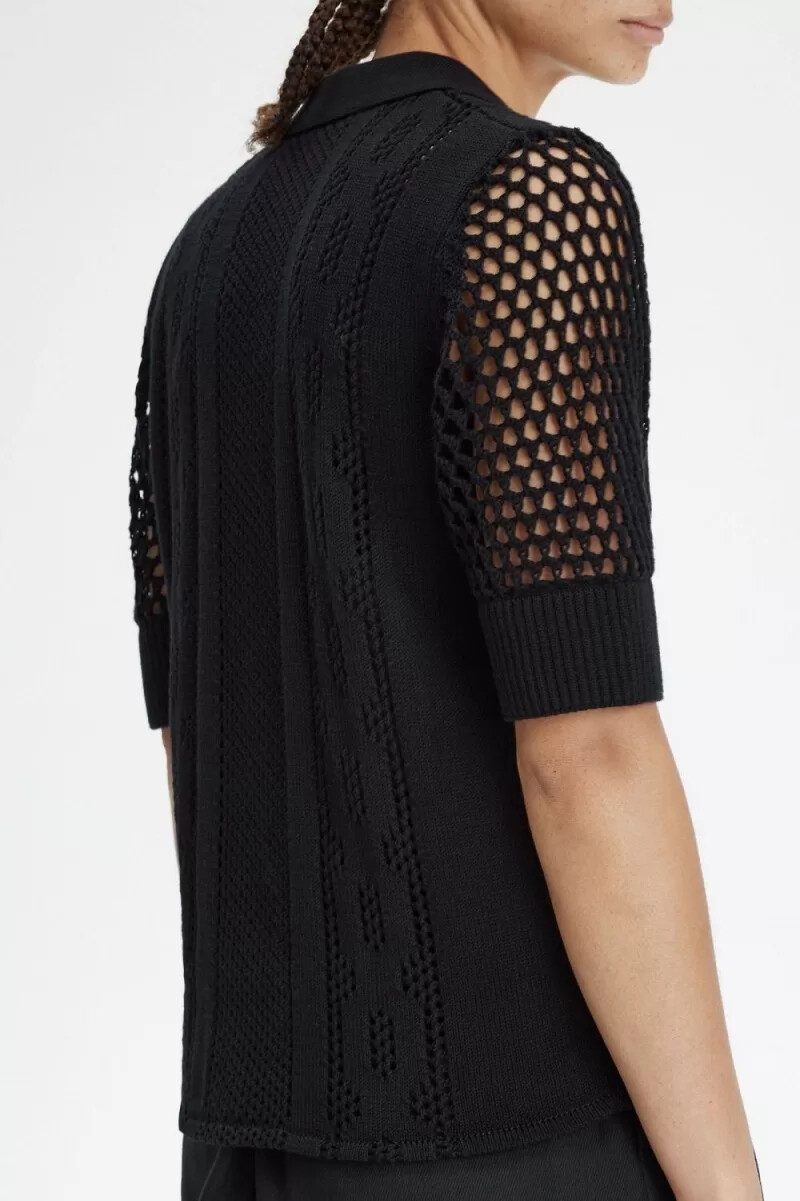 fred perry open-knit button-through womens shirt black