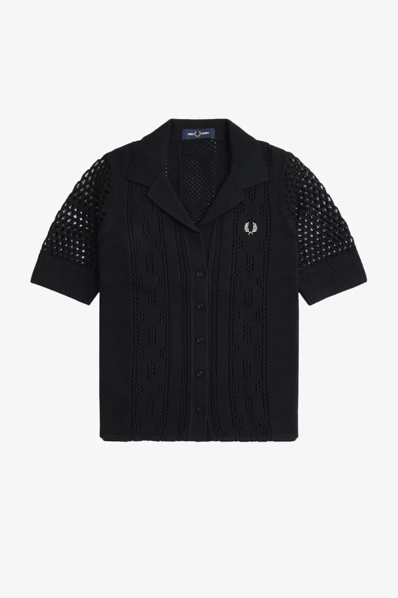 fred perry open-knit button-through womens shirt black