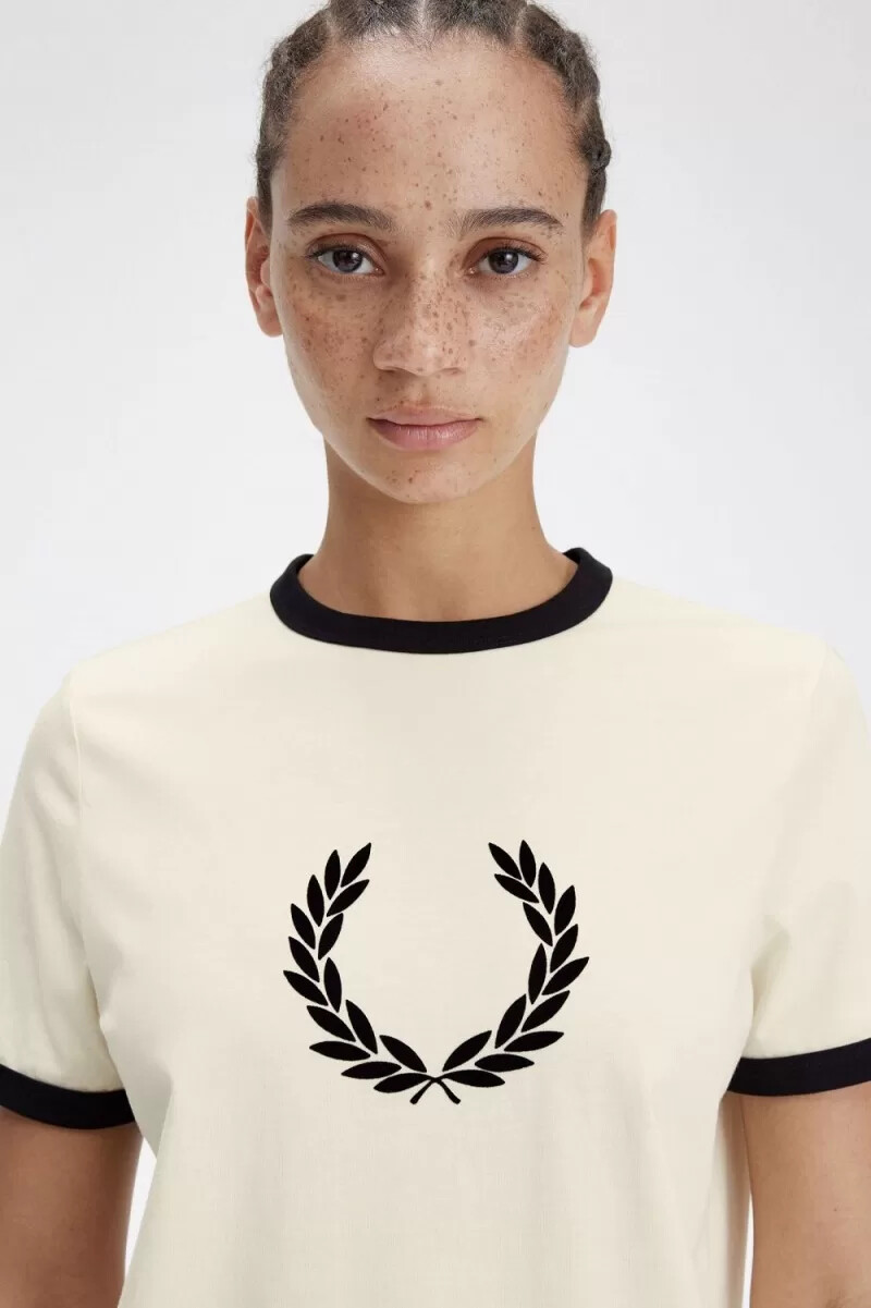 fred perry flocked laurel wreath womens t-shirt beige