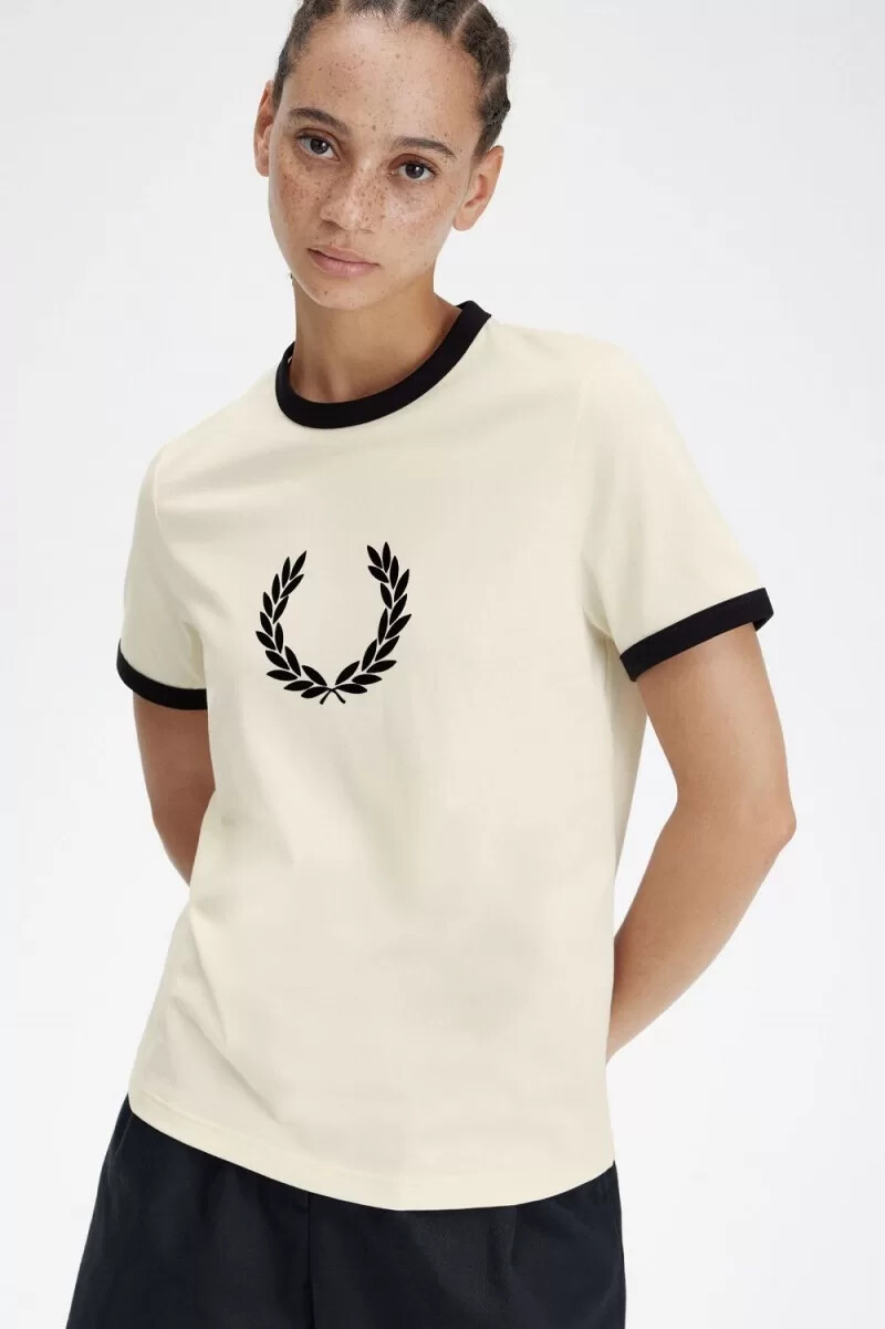 fred perry flocked laurel wreath womens t-shirt beige