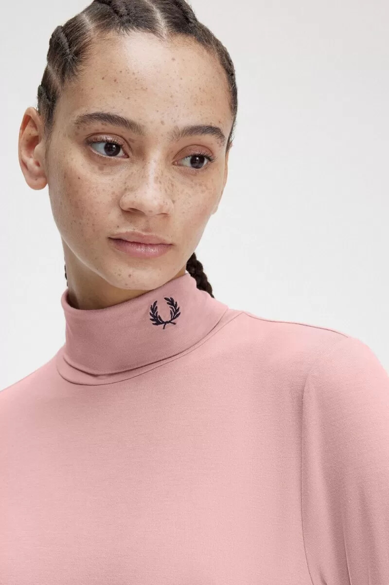 fred perry roll neck womens t-shirt dusty rose pink