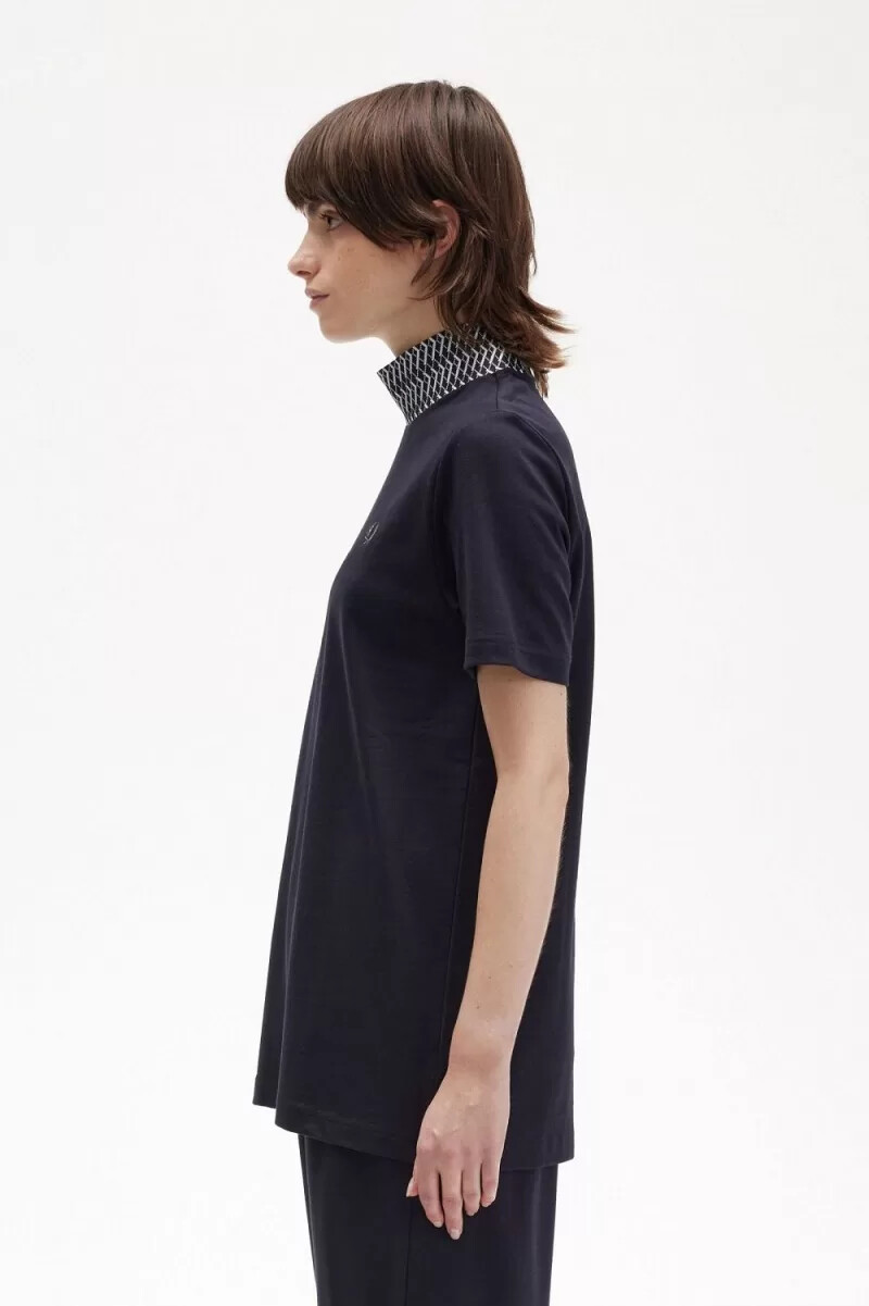 fred perry jacquard trim high neck womens t-shirt navy
